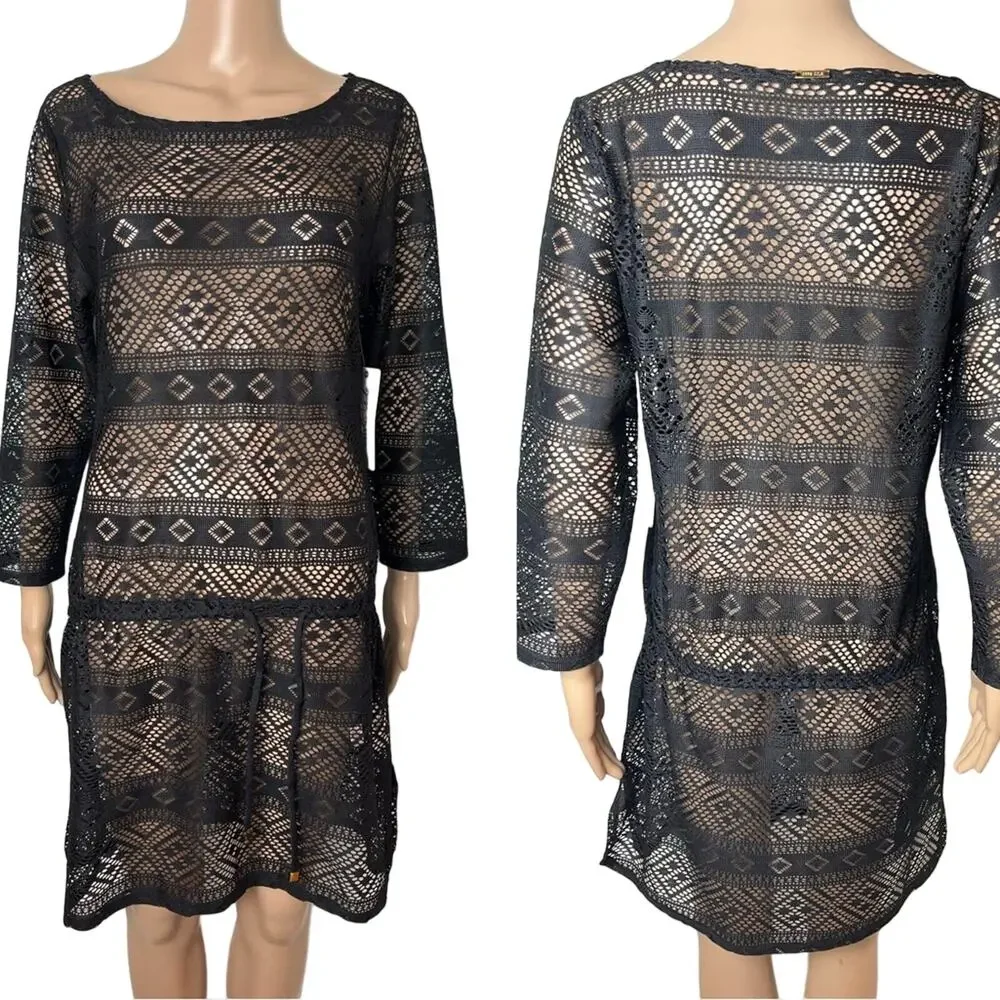 New Anne Cole Black Lace Long Sleeve Crochet Cinch Waist Swimsuit Coverup